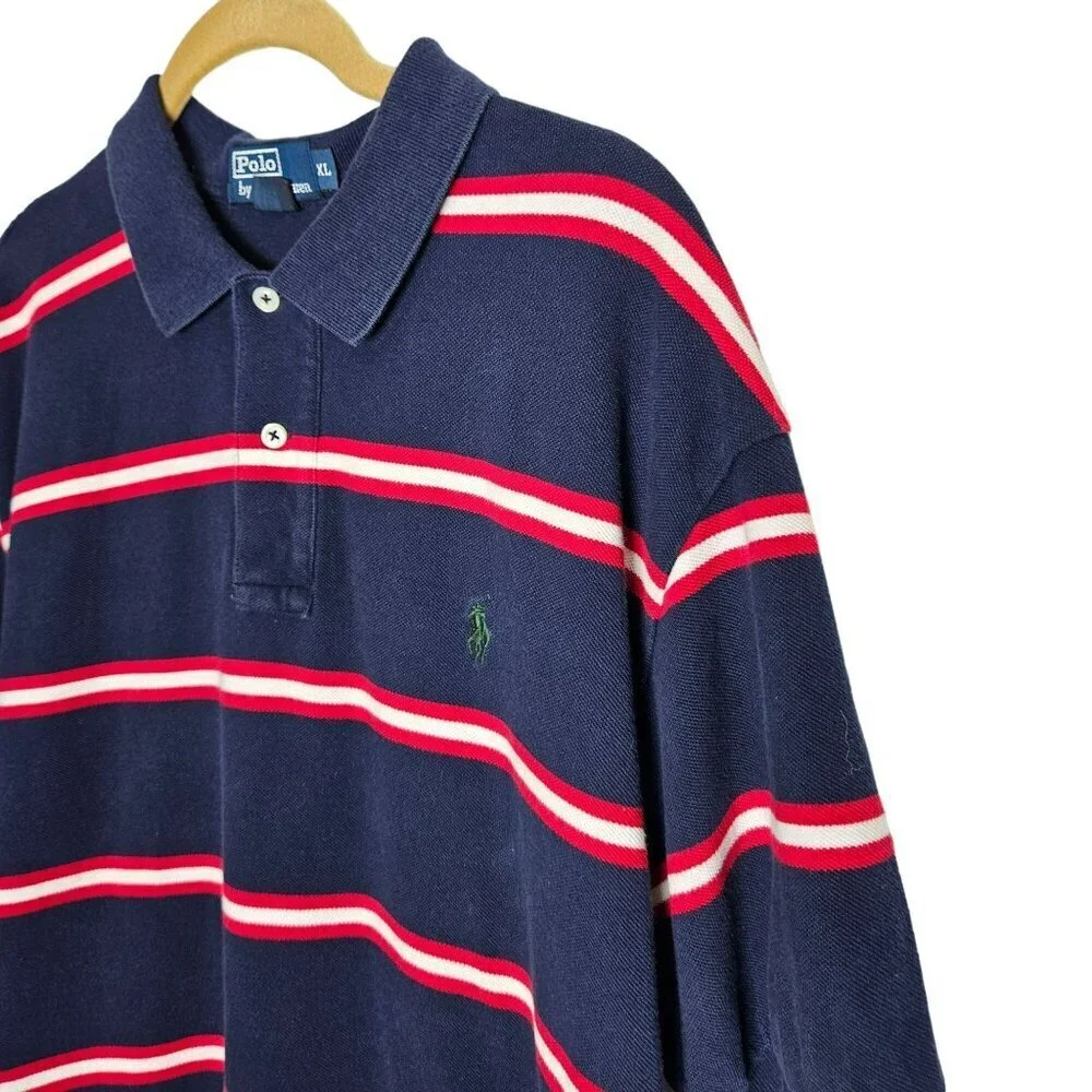 Polo By Ralph Lauren Mens Striped Short Sleeve Polo Shirt XL Blue Red White‎